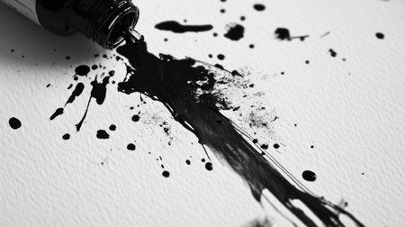Black ink splattering dramatically from an overturned bottle onto textured white paper.の素材