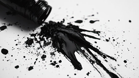 Black ink splattering dramatically from an overturned bottle onto textured white paper.の素材