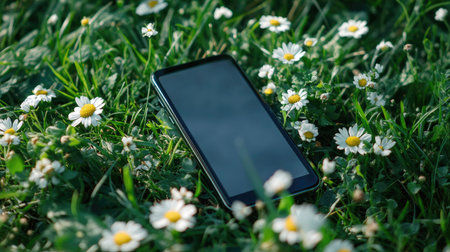 A smartphone mockup with a blank screen lying on fresh green grass, with small flowers adding charm to the sceneの素材