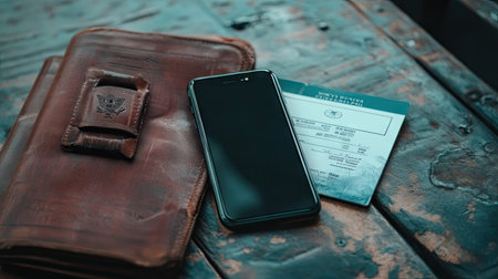 Blank smartphone screen next to a passport and boarding pass, suggesting travel and adventureの素材