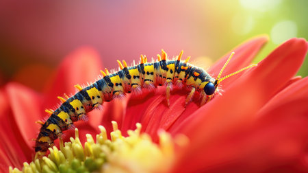 Brightly colored caterpillar crawling across a bright red gerbera daisy in full bloomの素材