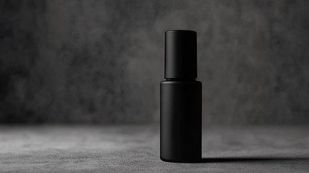 Bottle of matte black nail polish standing upright, with a minimalist grey backgroundの素材