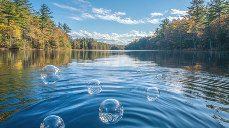 Bubbles forming a silvery trail as they rise in a pristine lake, with reflections of trees and sky visible aboveの素材