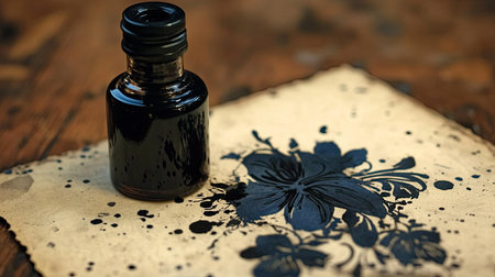 A vintage ink bottle next to intricate ink blot patterns resembling calligraphy flourishes.の素材