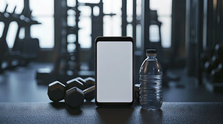 Blank smartphone screen on a gym bench, with workout gear like dumbbells and a water bottle in the frameの素材
