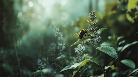 Bumblebee resting on a fully bloomed lavender flower, surrounded by a soft-focus background of greeneryの素材