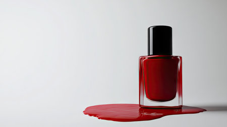 A single red nail polish bottle standing on its cap, with the polish forming a drip down its sideの素材