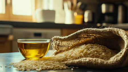 Bright kitchen setting with rice bran oil in a bowl and raw rice grains in a sack spilling over.の素材