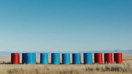 Blue and red oil barrels lined up next to each other under a clear blue sky in an open field.の素材
