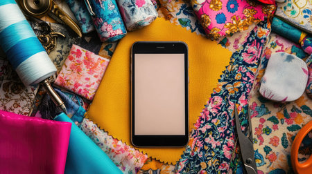 Blank smartphone screen in a creative workspace, surrounded by vibrant fabric swatches and sewing toolsの素材
