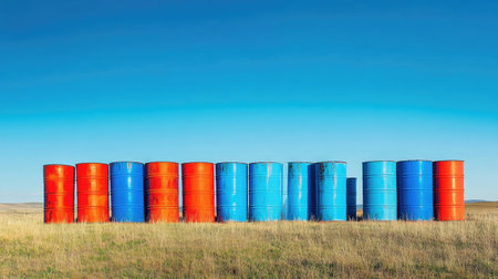 Blue and red oil barrels lined up next to each other under a clear blue sky in an open field.の素材