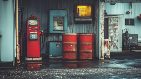 A vintage-style photo of oil barrels stacked at a mid-th-century gas station.の素材