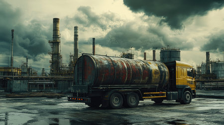 A truck unloading oil barrels at a refinery under a cloudy sky, capturing an industrial mood.の素材