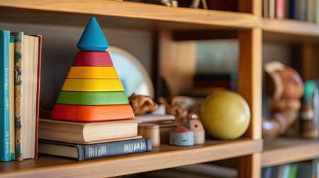 Multicolored wooden pyramid toy on a bookshelf, surrounded by books and decorative items.の素材