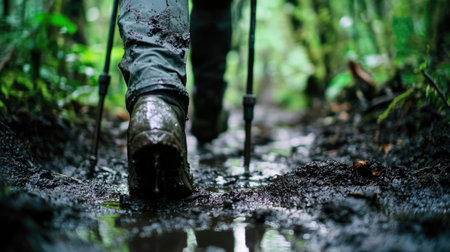 Close-up of walking poles planted in a muddy trail as a trekker climbs through a rainforest.の素材