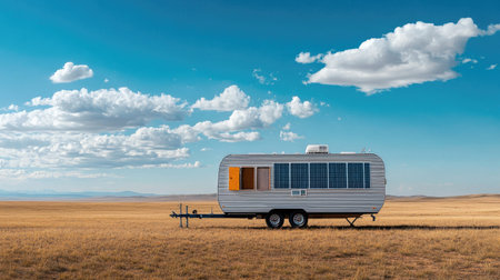 Minimalist setup with a caravan featuring solar panels, parked on an open plain under vast blue skies.の素材