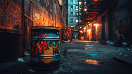 An oil barrel painted with graffiti, placed in an urban alleyway under dramatic lighting.の素材