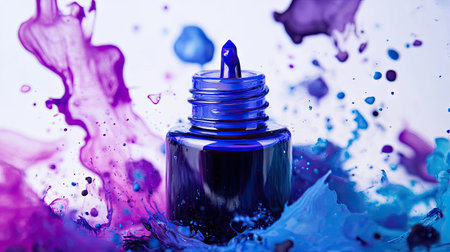 A tipped ink bottle surrounded by splattered ink blots in vibrant shades of purple and blue.の素材