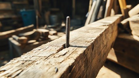 A single large nail driven halfway into a wooden beam, surrounded by construction toolsの素材