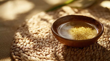 Bowl of rice bran oil with rice grains and a natural fiber mat backdrop, lit by warm sunlight.の素材