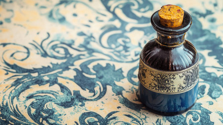 A vintage ink bottle next to intricate ink blot patterns resembling calligraphy flourishes.の素材