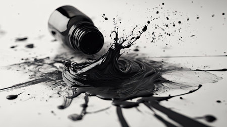 A spilled ink bottle with its contents forming chaotic yet artistic patterns on a table.の素材