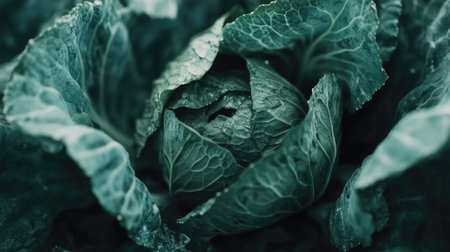 Close-up of a single cabbage head in the field, with detailed textures of its crinkled green leavesの素材