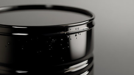 Close-up of a single metal oil barrel with a glossy black finish, placed in a well-lit studio with a neutral background.の素材