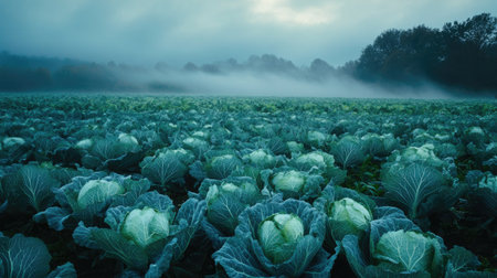 Early morning mist covering a field of cabbages, creating a serene and atmospheric sceneの素材