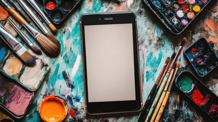 Close-up of a blank smartphone screen surrounded by art supplies like paints, brushes, and a sketchbookの素材