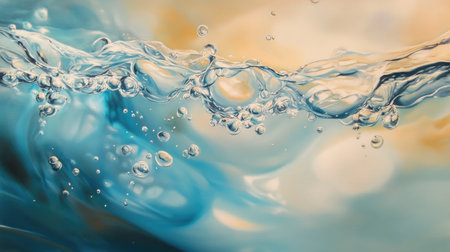 Close-up of air bubbles rising gracefully through clear water, illuminated by soft blue light, creating a serene underwater effectの素材