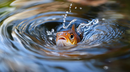 Close-up of a goldfish's face as it curiously approaches the camera, surrounded by gentle waves in the water.の素材