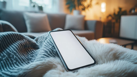 Close-up of a smartphone with a blank screen resting on a couch, with a cozy living room scene in the backgroundの素材