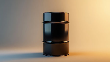 Close-up of a single metal oil barrel with a glossy black finish, placed in a well-lit studio with a neutral background.の素材