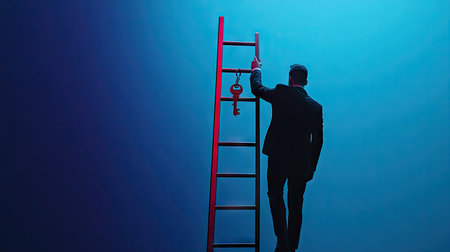 Businessman climbing a ladder with a key hanging at the top, representing achievement and ambitionの素材