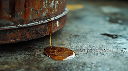 Close-up of oil dripping from the edge of a metal barrel onto a concrete floor.の素材