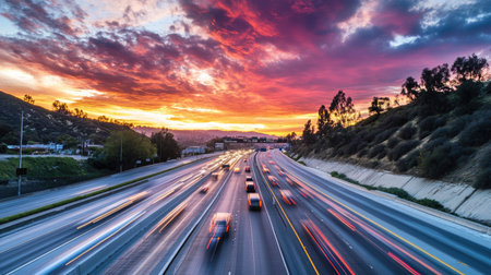 Empty billboard on the side of a highway, cars passing by under a vibrant sunset sky, ideal for a roadside advertisementの素材