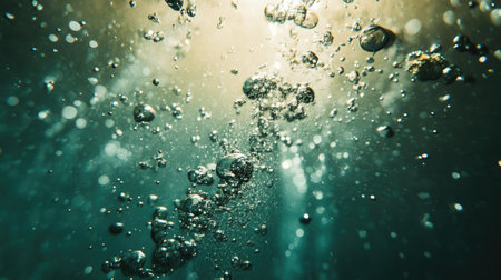 Burst of bubbles from a scuba diver's regulator, rising toward the surface in an expansive underwater sceneの素材