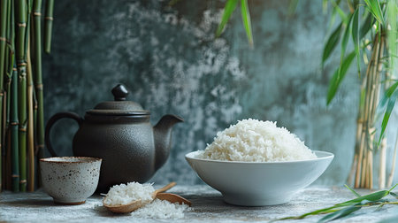 Fluffy rice in a white bowl with an Asian-style teapot and cup, accented by bamboo shoots.の素材