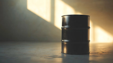 Close-up of a single metal oil barrel with a glossy black finish, placed in a well-lit studio with a neutral background.の素材