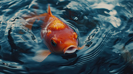 Close-up of a goldfish's face as it curiously approaches the camera, surrounded by gentle waves in the water.の素材