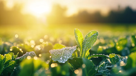 Dewdrops glistening on cabbage leaves in the early morning, with a soft-focus field in the backgroundの素材