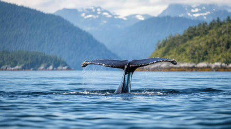 Crystal-clear ocean view of a humpback whale diving, its tail fin glistening under the sunlight.の素材