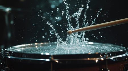 Close-up of a snare drum being hit by drumsticks, water exploding upward in slow motion with a dark background.の素材