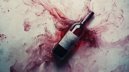 Dramatic overhead shot of ink flowing out of a broken bottle, creating abstract trails.の素材