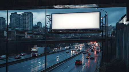 Empty billboard hanging from a bridge overpass, cars moving below in a busy city traffic settingの素材