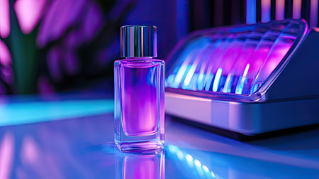 Elegant bottle of clear nail polish placed next to a UV nail lamp on a salon tableの素材
