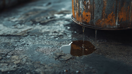 Close-up of oil dripping from the edge of a metal barrel onto a concrete floor.の素材