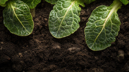 Close-up of cabbage leaves with fine veins and natural textures, growing in rich brown soilの素材
