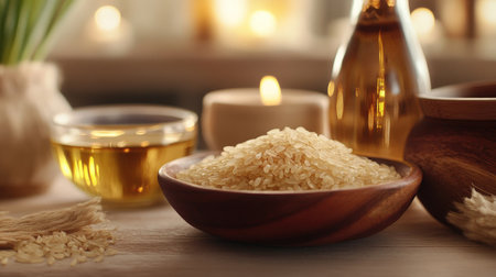 Elegant dinner setup with rice bran oil in a bowl, rice grains in a dish, and subtle candlelight.の素材